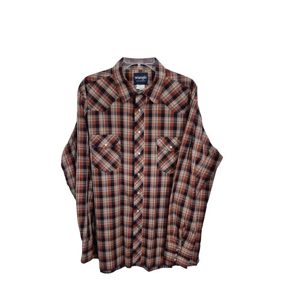 Wrangler Shirt Mens XLT‎ Brown Plaid Western Cowboy Long Sleeve Pearl Snap - Picture 1 of 5